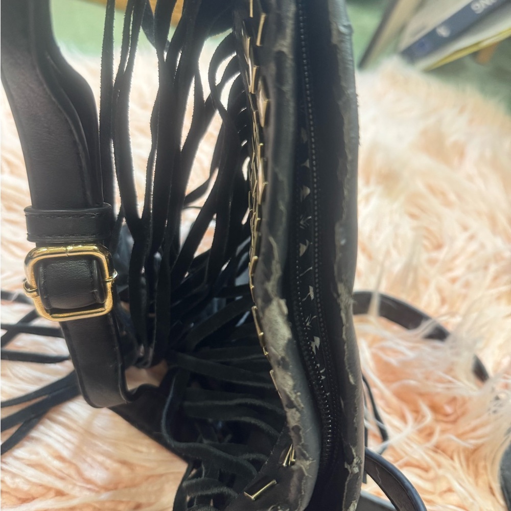80s Black Fringe Crossbody Bag w/ Gold Studs - Picture 4 of 6